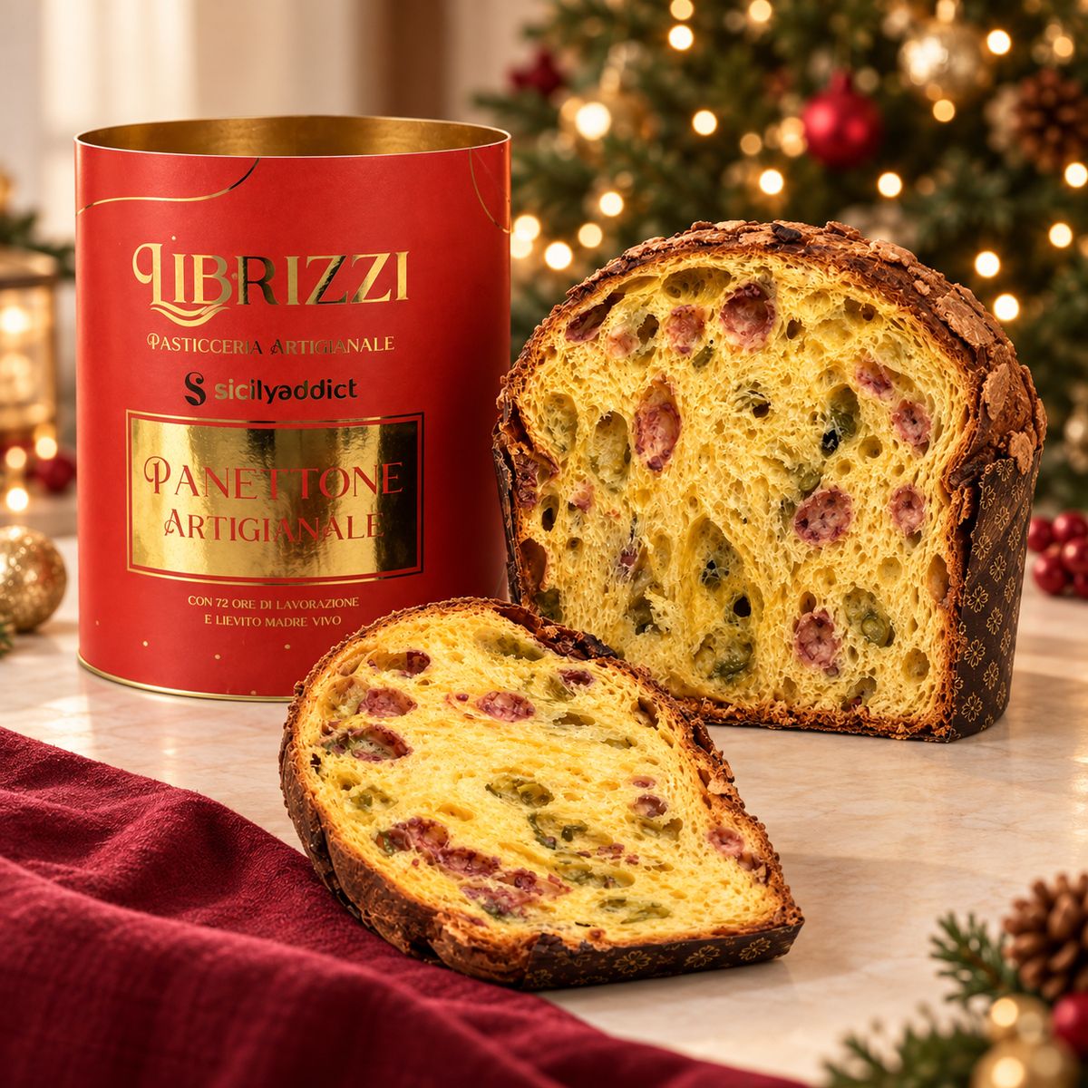 Panettone Librizzi Deluxe Pistacchio e Lamponi tagliato, con confezione rossa: dettaglio dell’impasto e degli inserti.