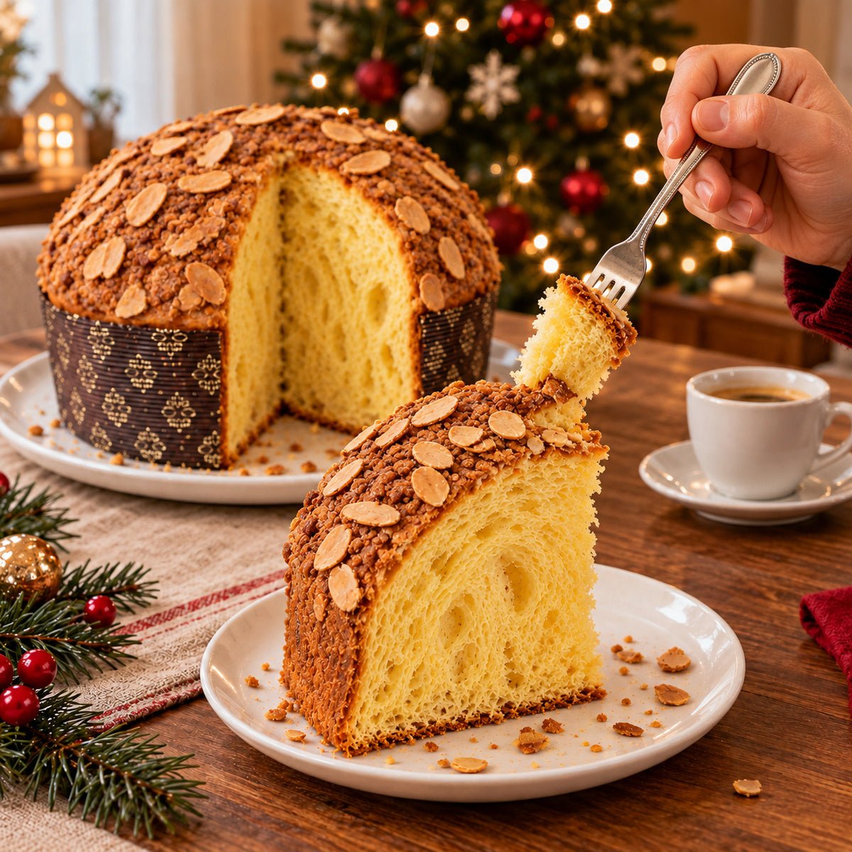 Panettone Pandorato con una fetta servita su un piatto, accanto al dolce tagliato.