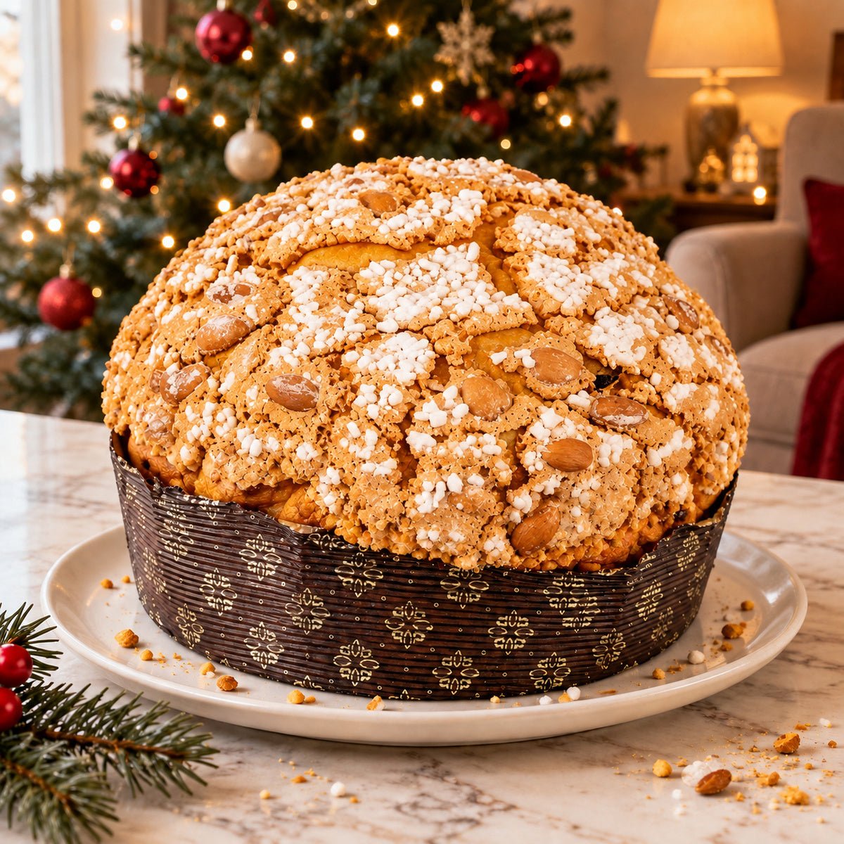 Panettone tradizionale intero su un piatto, con decorazioni natalizie sullo sfondo.