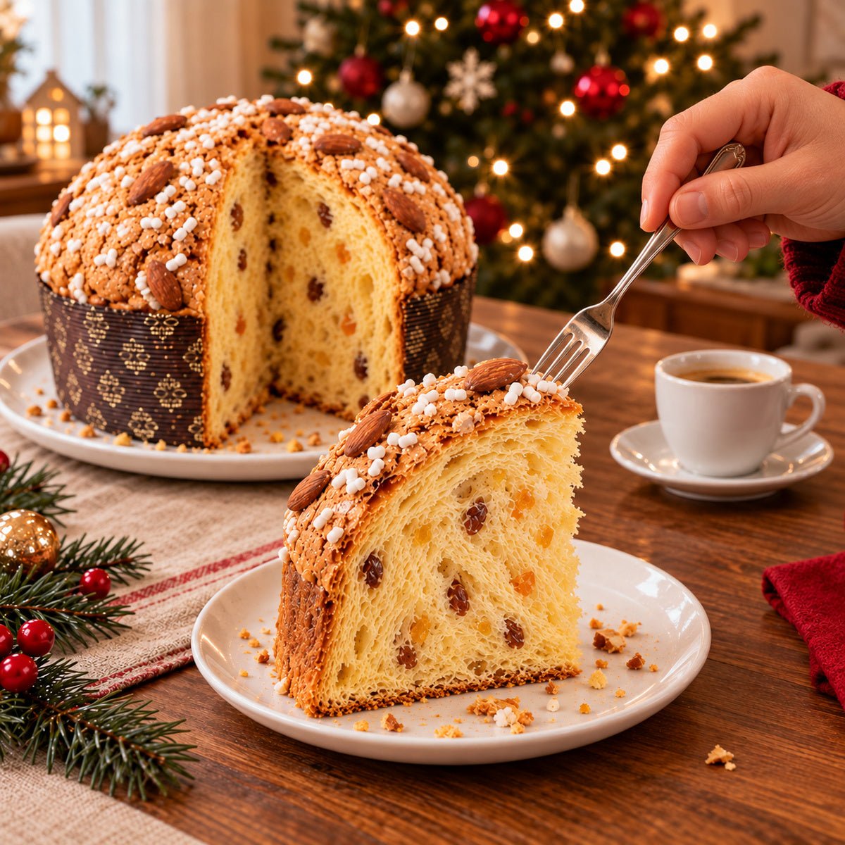 Panettone tradizionale con una fetta servita su un piatto, accanto al dolce tagliato.