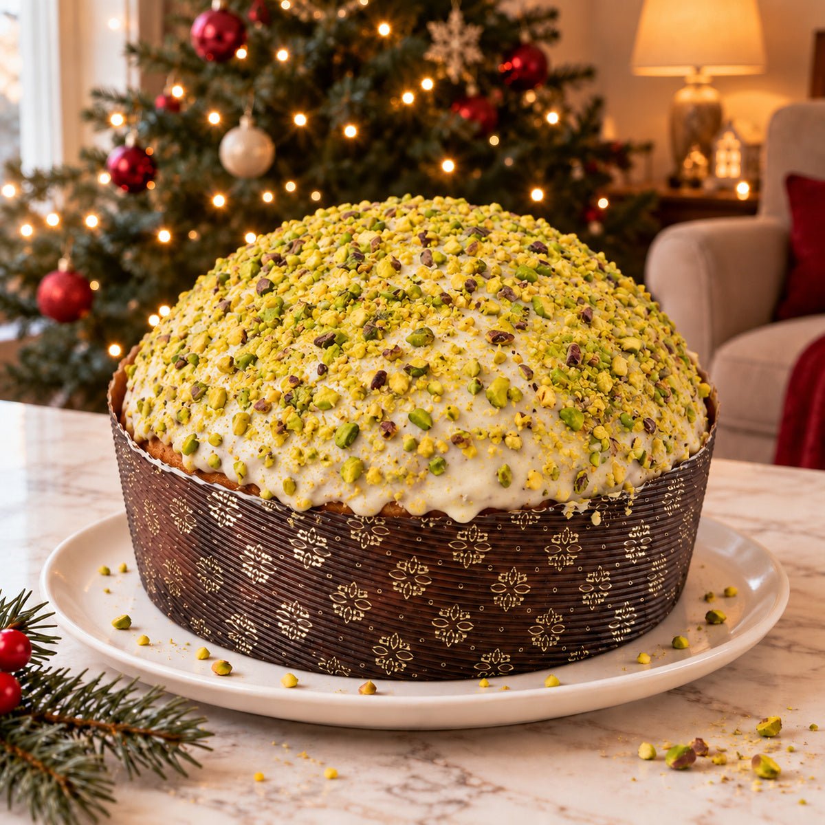 Panettone Tre Meraviglie intero su un piatto, con decorazioni natalizie sullo sfondo.