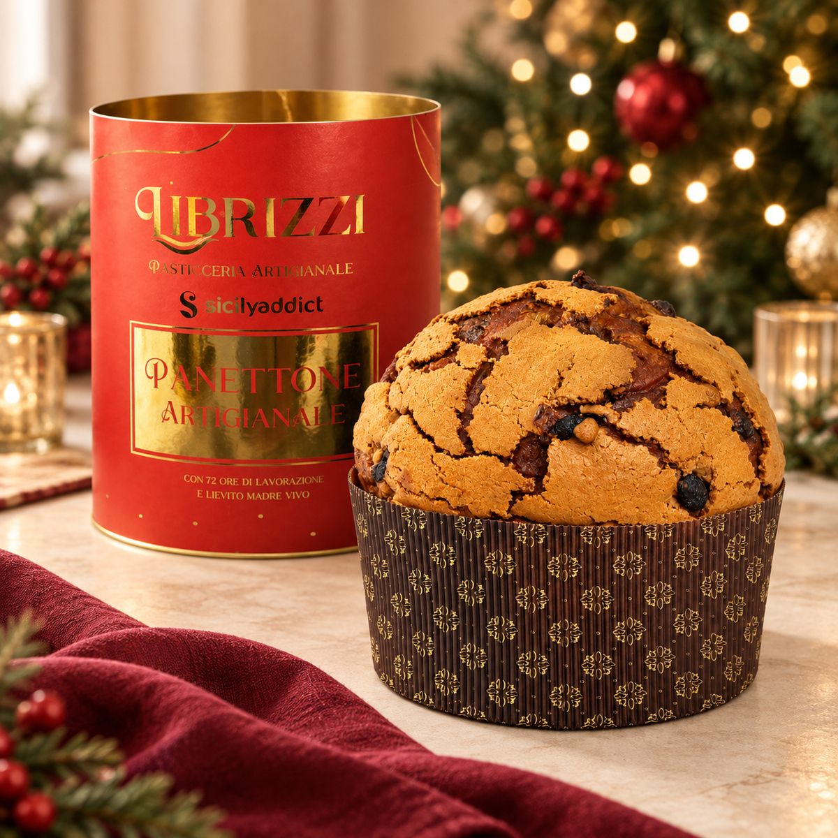 Panettone Librizzi Deluxe Pistacchio e Lamponi da 1 kg con la confezione rossa, ambientazione natalizia SicilyAddict.