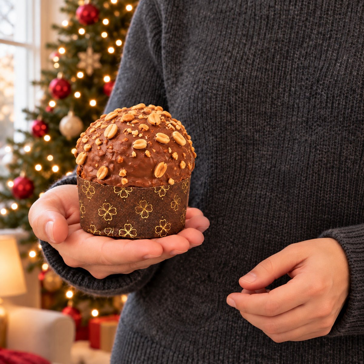 Panettoncino Caramello, Cioccolato e arachidi tenuto in mano davanti alla tavola natalizia.