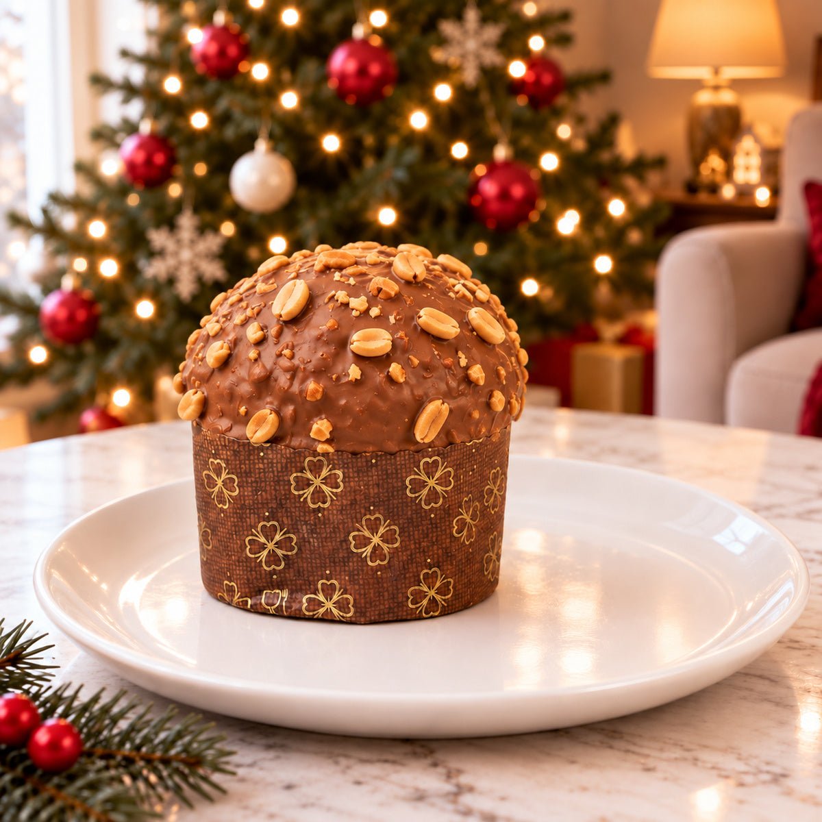 Panettoncino Caramello, Cioccolato e arachidi intero su un piatto, con decorazioni natalizie sullo sfondo.