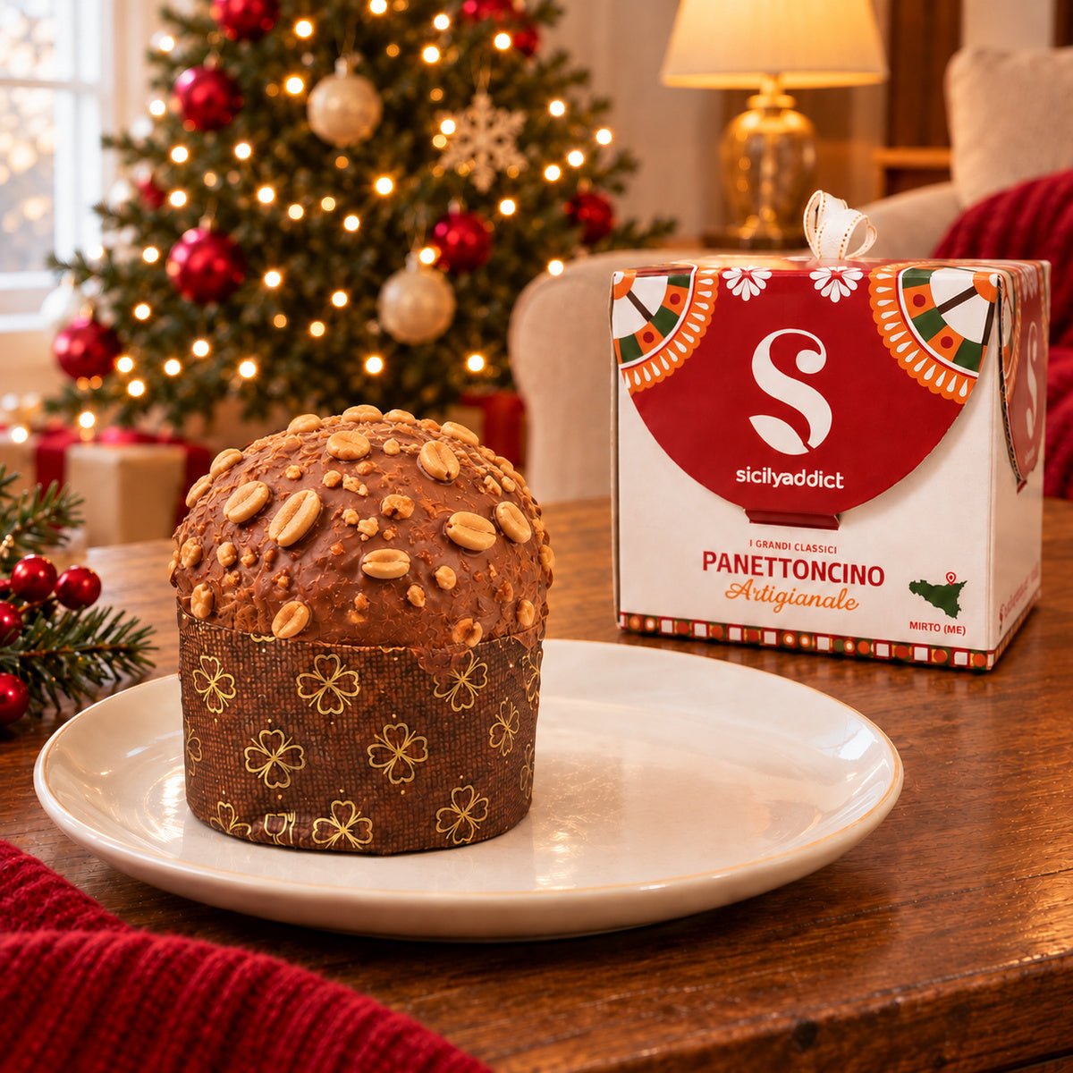 Panettoncino artigianale Caramello, Cioccolato e arachidi · Confezione inclusa