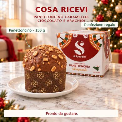 Infografica del contenuto della confezione: panettoncino caramello, cioccolato e arachidi e scatola regalo.