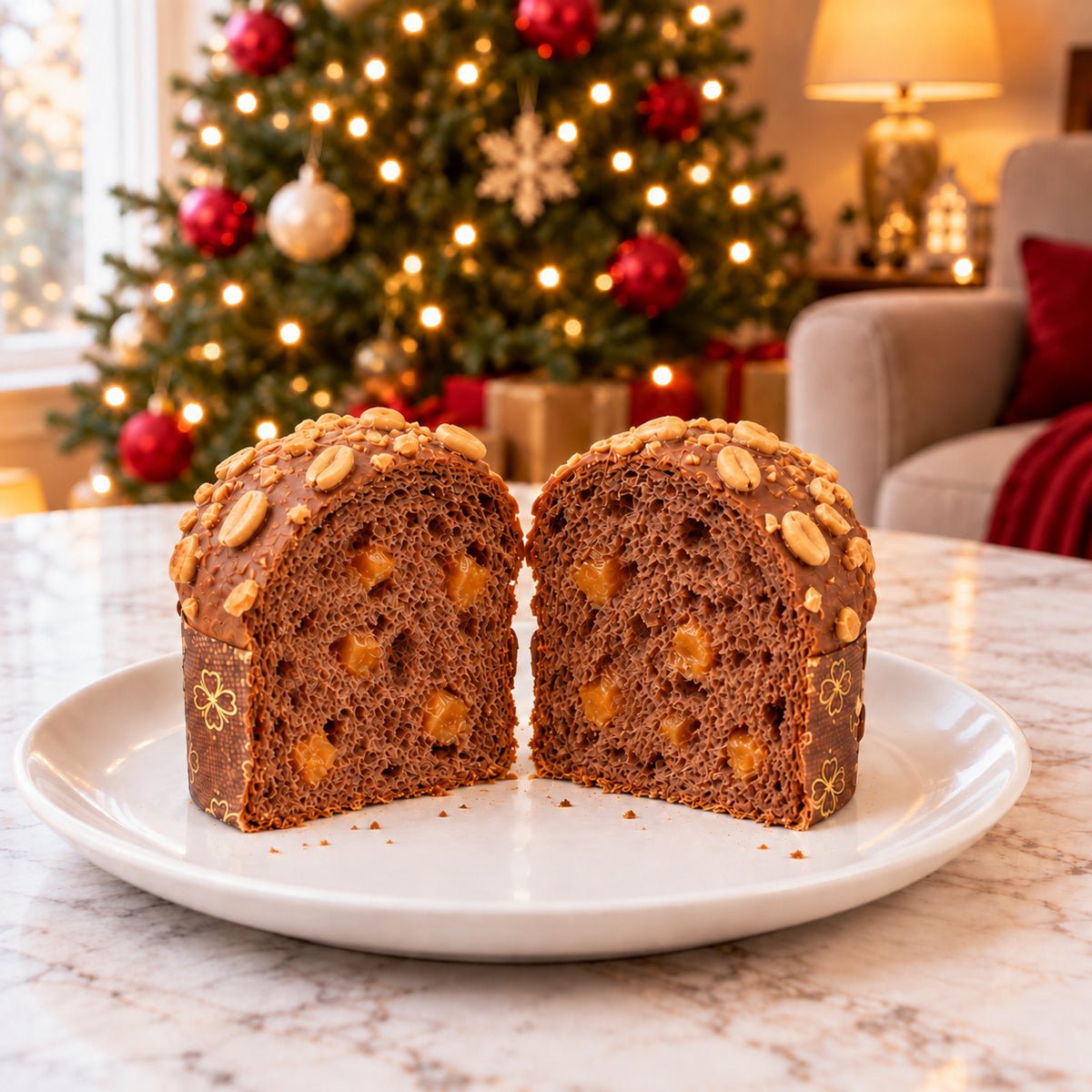 Panettoncino Caramello, Cioccolato e arachidi tagliato per mostrare l’interno dell’impasto.