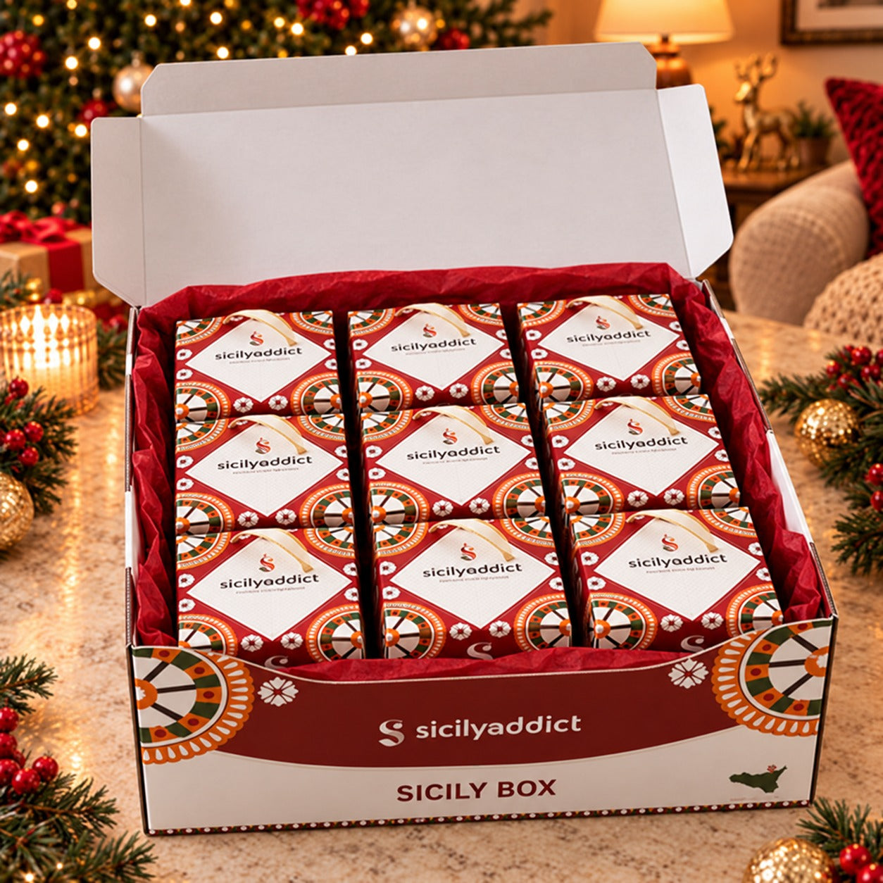 Box SicilyAddict con nove confezioni singole — composizione illustrativa